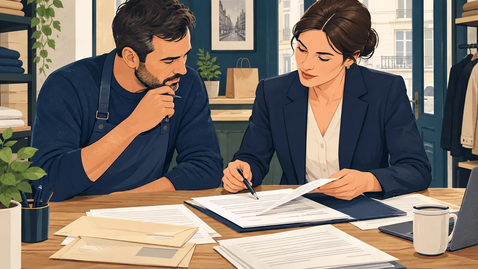Commerçant et avocate examinant les documents d’un renouvellement de bail commercial