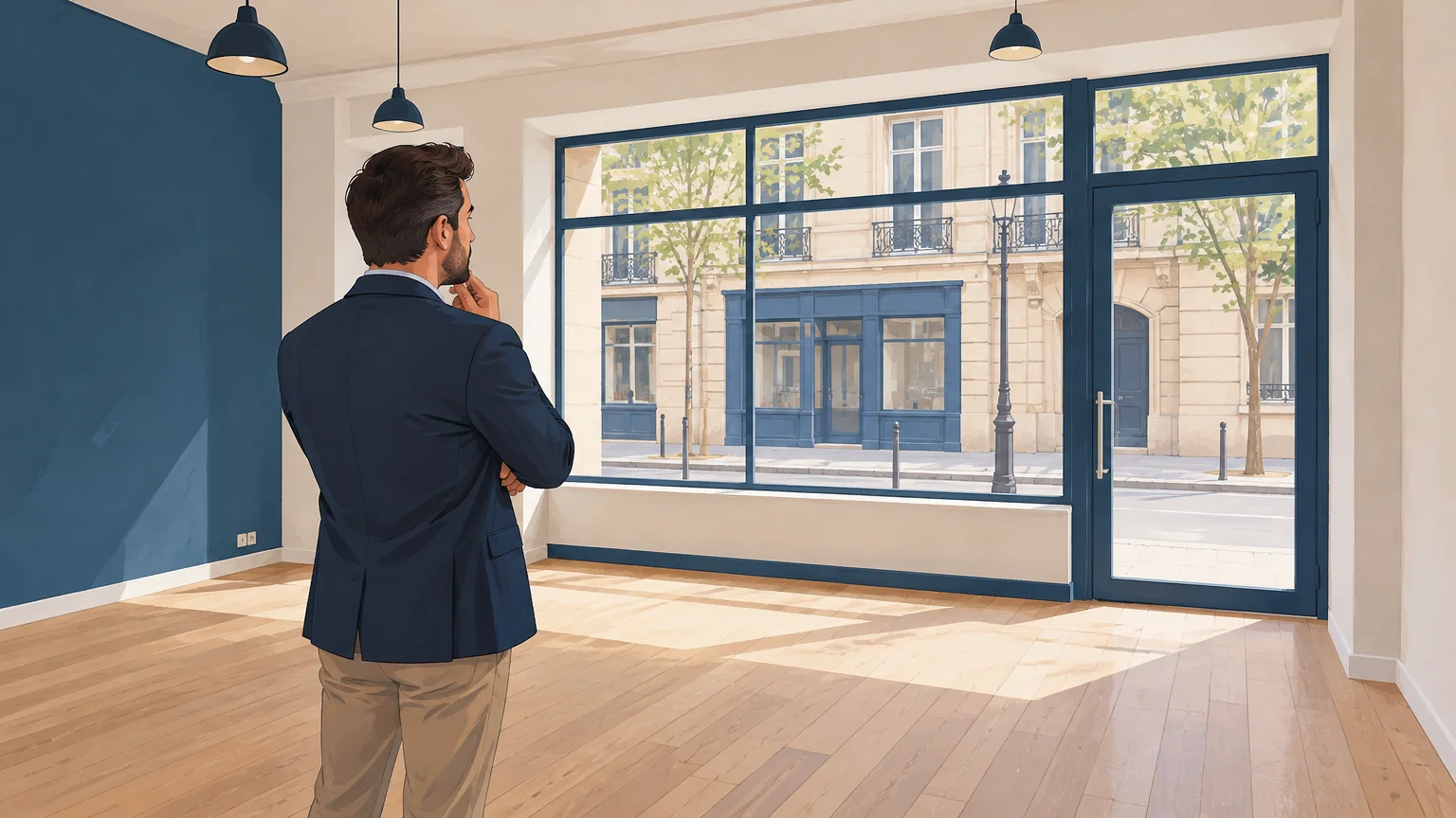Commerçant évaluant un local avant de vérifier la destination prévue au bail